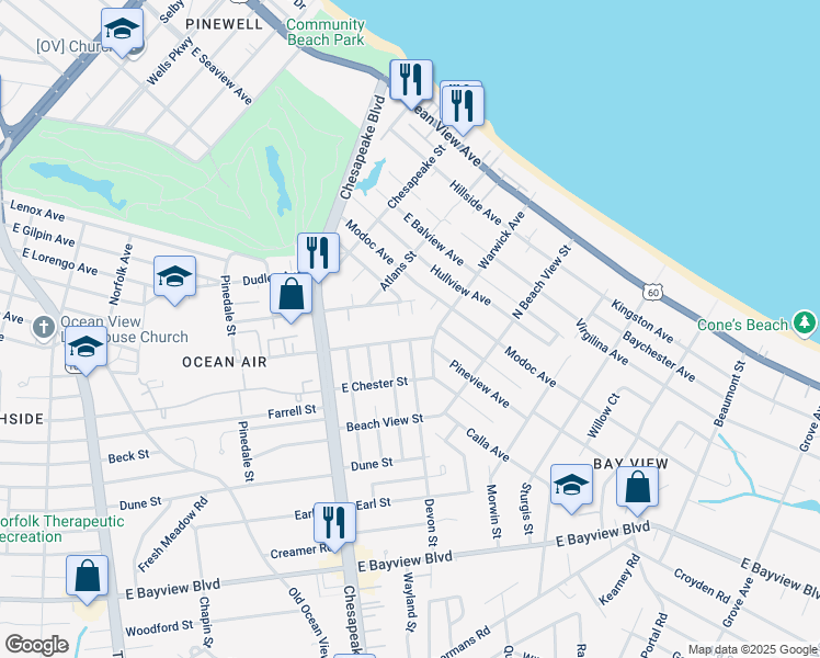 map of restaurants, bars, coffee shops, grocery stores, and more near 1139 East Leicester Avenue in Norfolk