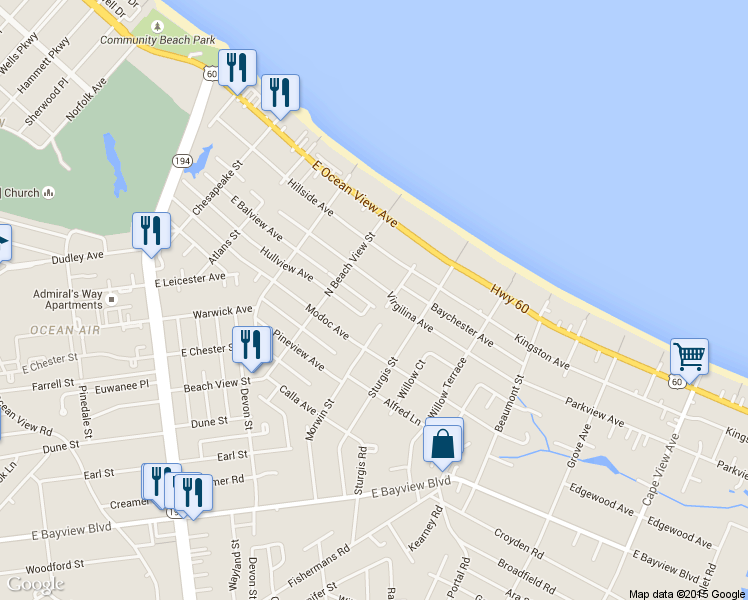 map of restaurants, bars, coffee shops, grocery stores, and more near 1328 Virgilina Avenue in Norfolk