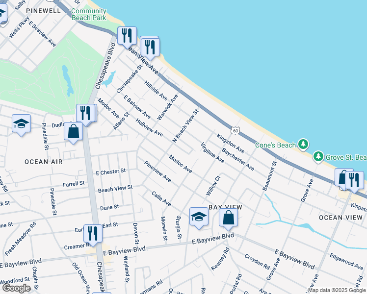 map of restaurants, bars, coffee shops, grocery stores, and more near 1300 North Beach View Street in Norfolk