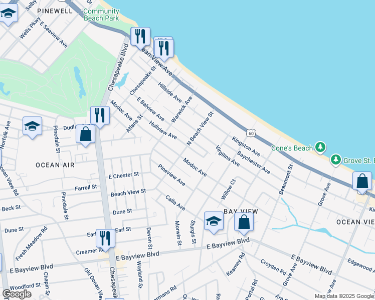 map of restaurants, bars, coffee shops, grocery stores, and more near 1300 North Beach View Street in Norfolk
