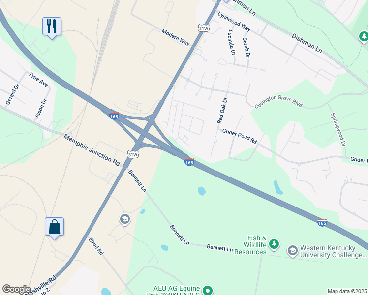 map of restaurants, bars, coffee shops, grocery stores, and more near 3900 Banyan Court in Bowling Green