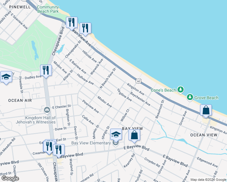 map of restaurants, bars, coffee shops, grocery stores, and more near 1334 East Balview Avenue in Norfolk