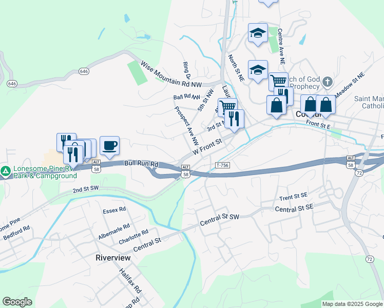 map of restaurants, bars, coffee shops, grocery stores, and more near 310 Front St W in Coeburn
