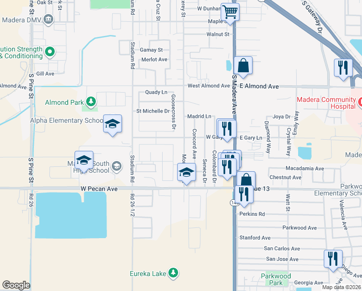 map of restaurants, bars, coffee shops, grocery stores, and more near 1228 Monterey Street in Madera