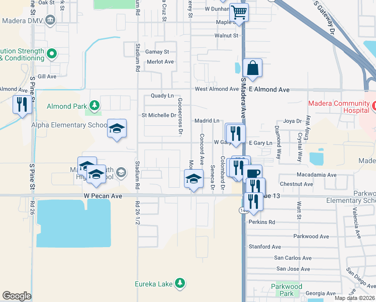 map of restaurants, bars, coffee shops, grocery stores, and more near 1228 Monterey Street in Madera