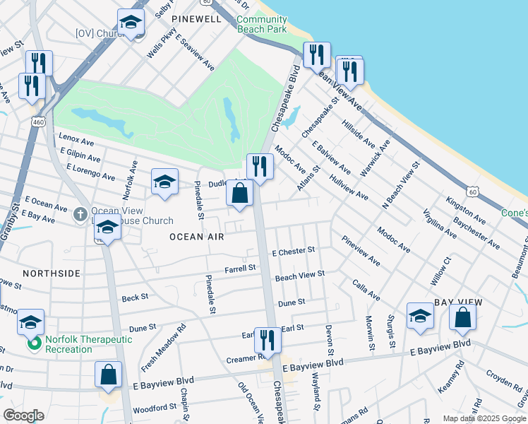 map of restaurants, bars, coffee shops, grocery stores, and more near 9022 Chesapeake Boulevard in Norfolk