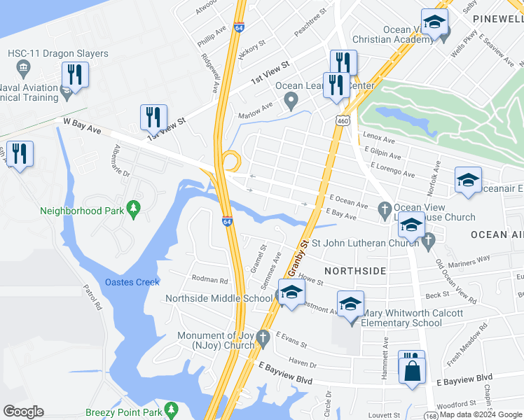map of restaurants, bars, coffee shops, grocery stores, and more near 8953 Saint George Avenue in Norfolk