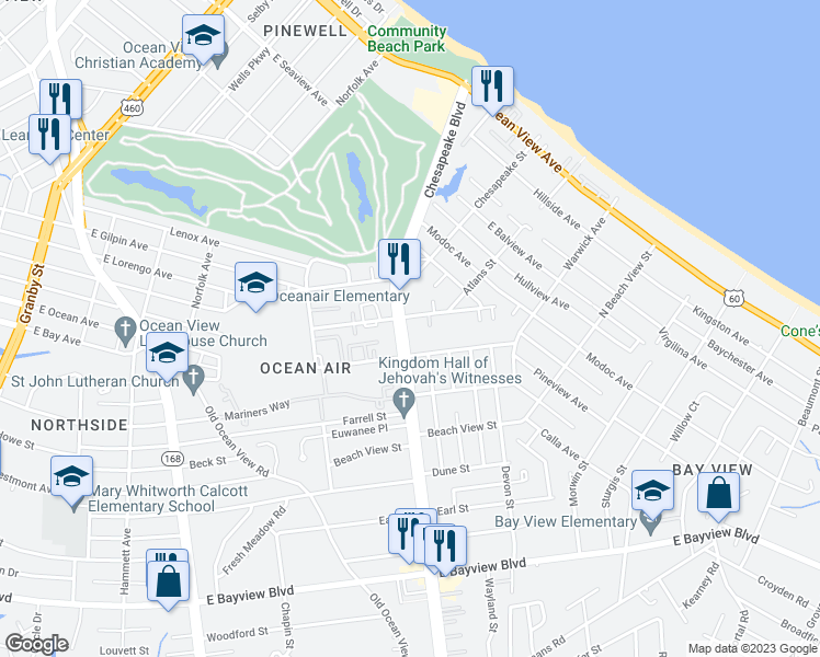 map of restaurants, bars, coffee shops, grocery stores, and more near 9022 Chesapeake Boulevard in Norfolk