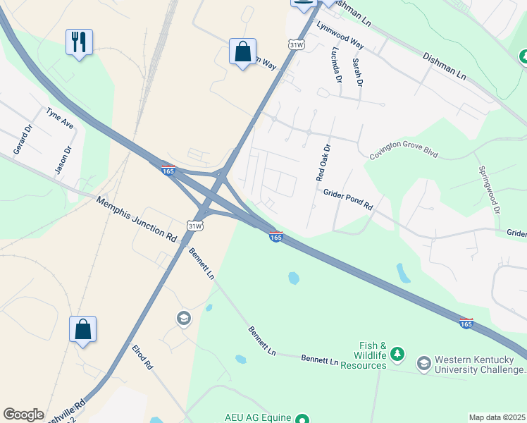 map of restaurants, bars, coffee shops, grocery stores, and more near 3900 Banyan Court in Bowling Green