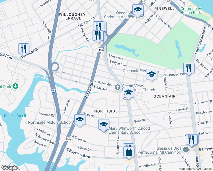 map of restaurants, bars, coffee shops, grocery stores, and more near 149 East Ocean Avenue in Norfolk