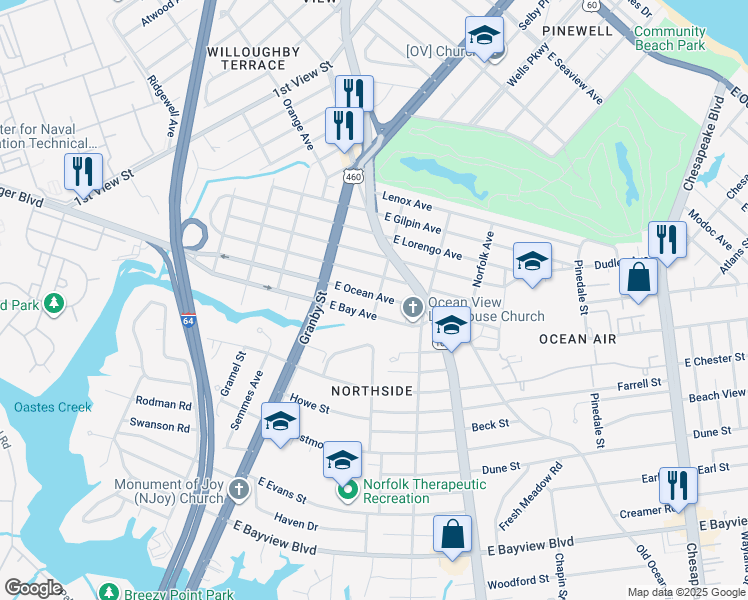 map of restaurants, bars, coffee shops, grocery stores, and more near 149 East Ocean Avenue in Norfolk