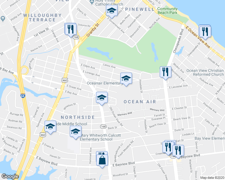 map of restaurants, bars, coffee shops, grocery stores, and more near 410 East Leicester Avenue in Norfolk
