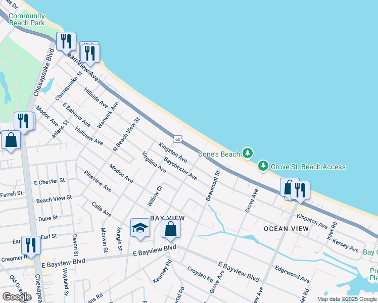 map of restaurants, bars, coffee shops, grocery stores, and more near 1428 East Ocean View Avenue in Norfolk