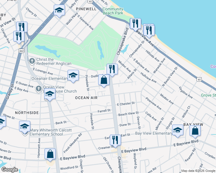 map of restaurants, bars, coffee shops, grocery stores, and more near 720 East Leicester Avenue in Norfolk