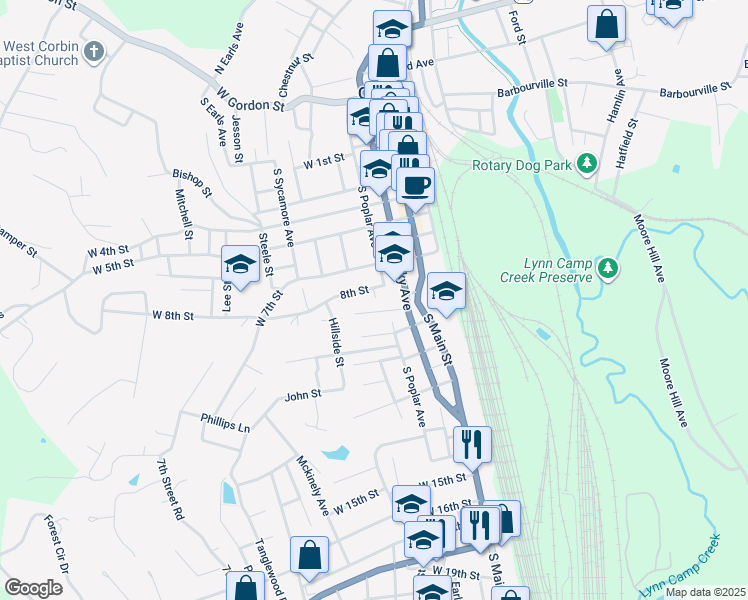 map of restaurants, bars, coffee shops, grocery stores, and more near 304 West 8th Street in Corbin