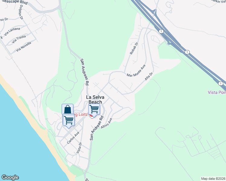 map of restaurants, bars, coffee shops, grocery stores, and more near 2 Alta Drive in Watsonville