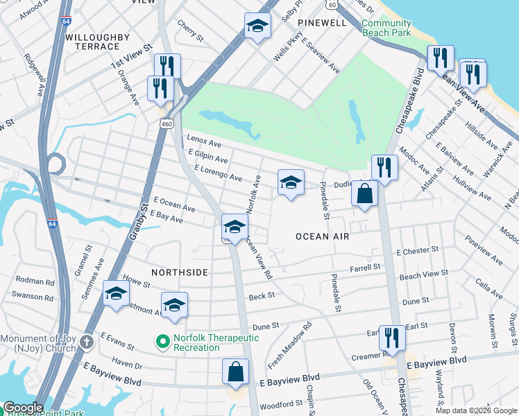 map of restaurants, bars, coffee shops, grocery stores, and more near 421 East Randall Avenue in Norfolk