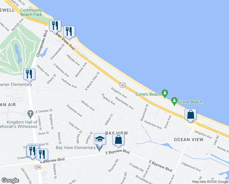 map of restaurants, bars, coffee shops, grocery stores, and more near 1375 Kingston Avenue in Norfolk