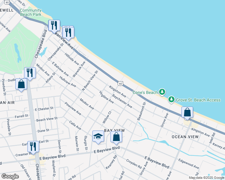 map of restaurants, bars, coffee shops, grocery stores, and more near in Norfolk