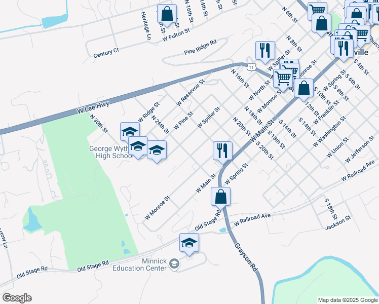 map of restaurants, bars, coffee shops, grocery stores, and more near 350-398 North 26th Street in Wytheville