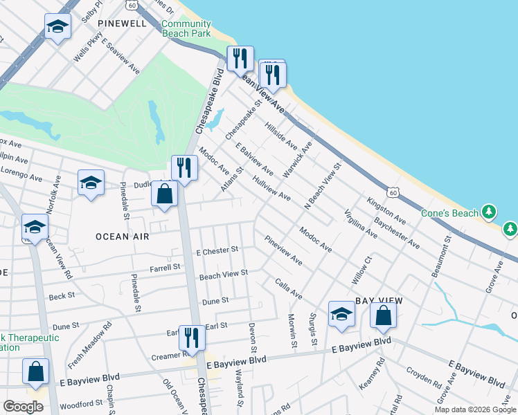 map of restaurants, bars, coffee shops, grocery stores, and more near 9403 Warwick Avenue in Norfolk
