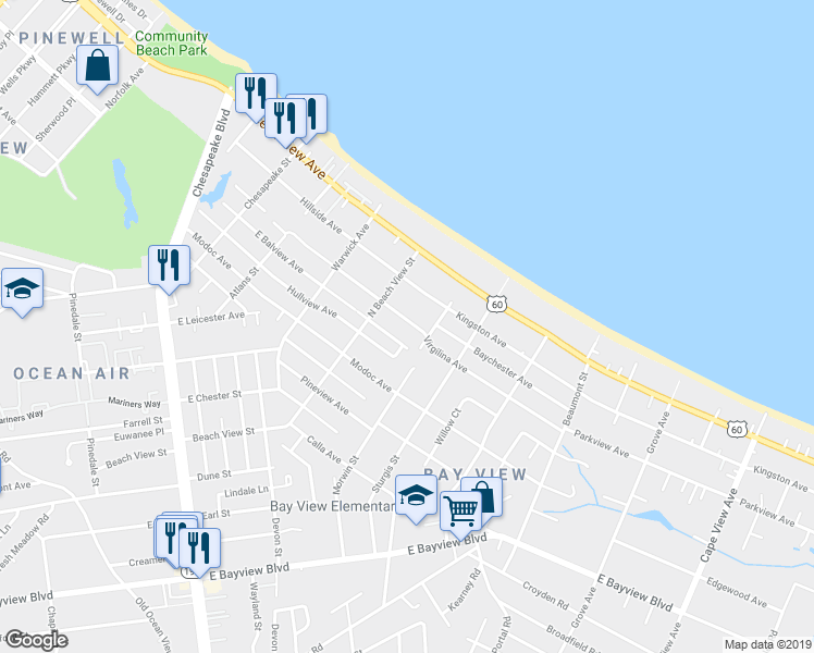 map of restaurants, bars, coffee shops, grocery stores, and more near 1329 Virgilina Avenue in Norfolk