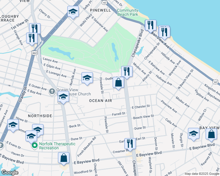map of restaurants, bars, coffee shops, grocery stores, and more near 622 East Leicester Avenue in Norfolk