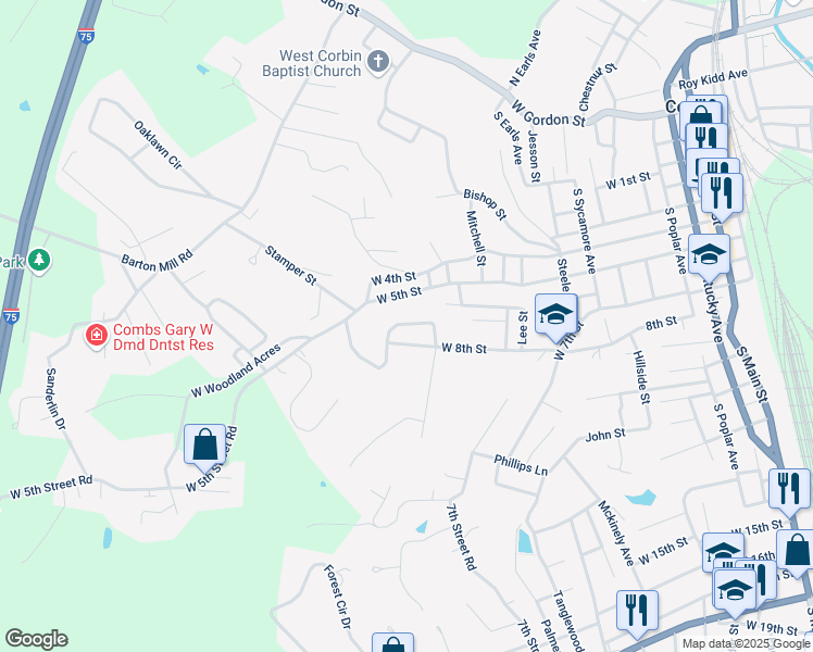 map of restaurants, bars, coffee shops, grocery stores, and more near 1015 West 5th Street in Corbin