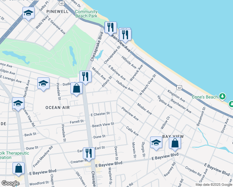map of restaurants, bars, coffee shops, grocery stores, and more near 1152 Modoc Avenue in Norfolk