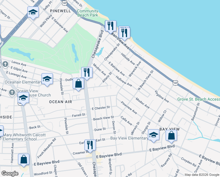 map of restaurants, bars, coffee shops, grocery stores, and more near 1139 East Leicester Avenue in Norfolk