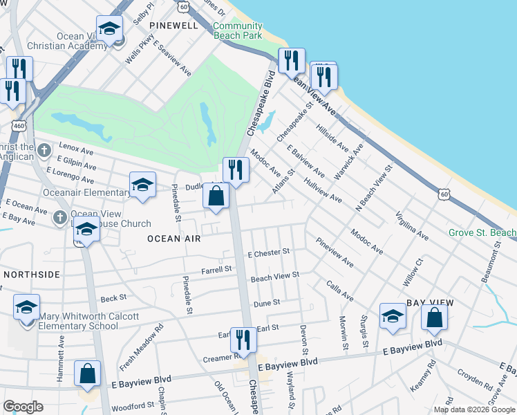 map of restaurants, bars, coffee shops, grocery stores, and more near 1107 East Leicester Avenue in Norfolk