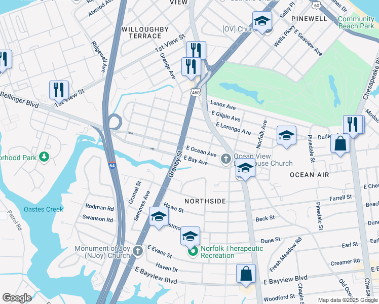 map of restaurants, bars, coffee shops, grocery stores, and more near 9014 Granby Street in Norfolk