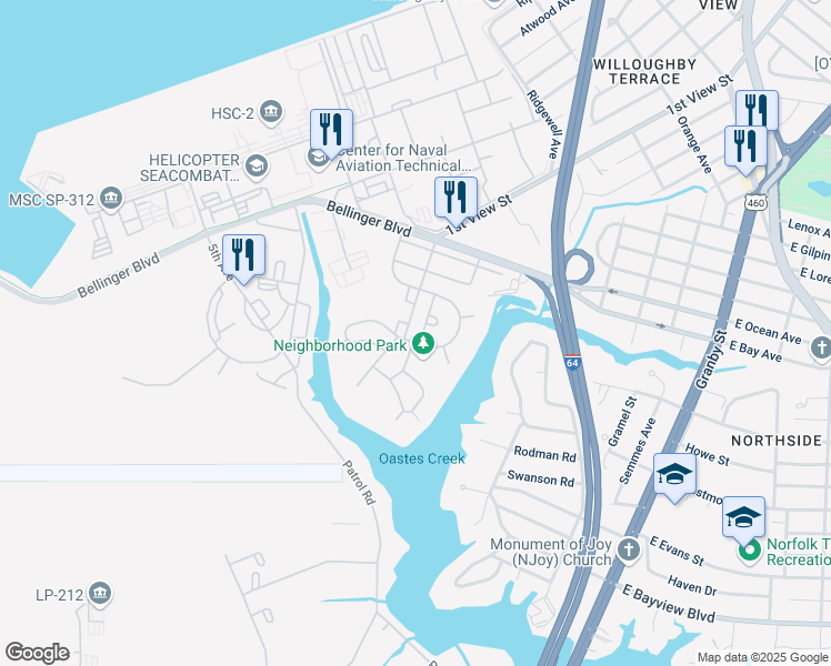 map of restaurants, bars, coffee shops, grocery stores, and more near 8713 Nipsic Lane in Norfolk