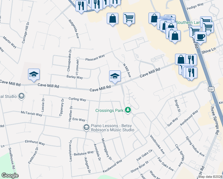 map of restaurants, bars, coffee shops, grocery stores, and more near 1601 Halcomb Way in Bowling Green