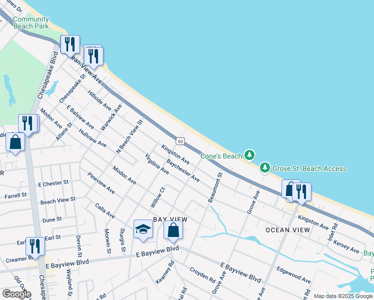 map of restaurants, bars, coffee shops, grocery stores, and more near 1423 East Ocean View Avenue in Norfolk