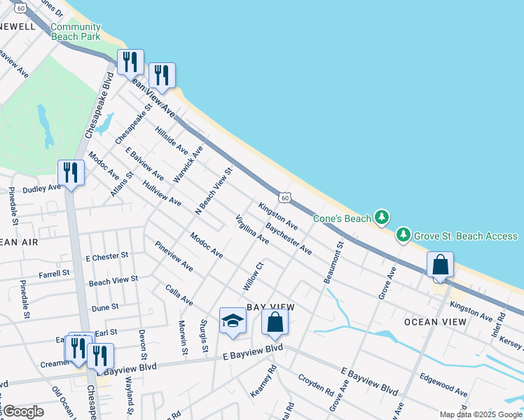 map of restaurants, bars, coffee shops, grocery stores, and more near 1367 Kingston Avenue in Norfolk