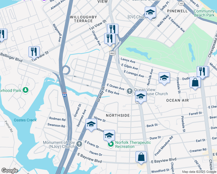 map of restaurants, bars, coffee shops, grocery stores, and more near 9014 Granby Street in Norfolk