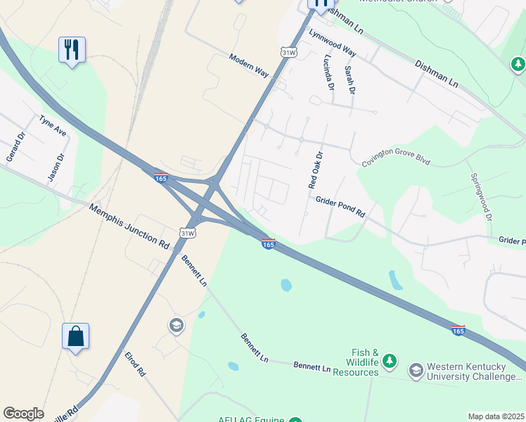 map of restaurants, bars, coffee shops, grocery stores, and more near 3921 Banyan Court in Bowling Green
