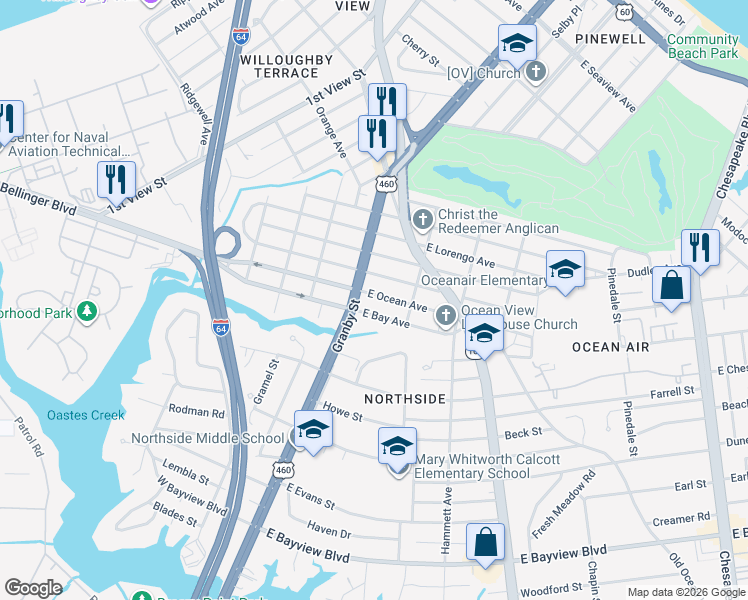 map of restaurants, bars, coffee shops, grocery stores, and more near 9014 Granby Street in Norfolk