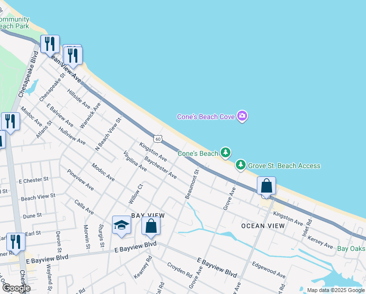 map of restaurants, bars, coffee shops, grocery stores, and more near 1452 East Ocean View Avenue in Norfolk