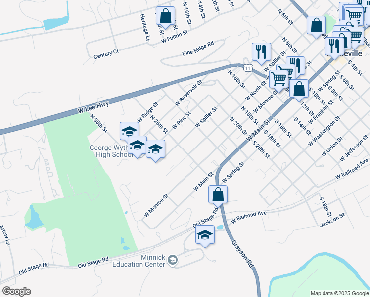 map of restaurants, bars, coffee shops, grocery stores, and more near 350 North 26th Street in Wytheville