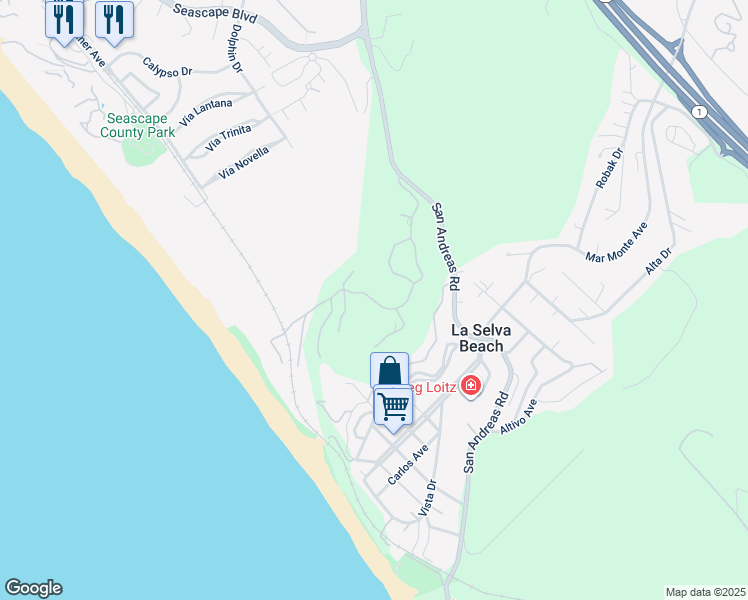 map of restaurants, bars, coffee shops, grocery stores, and more near 420 Camino Al Mar in Watsonville