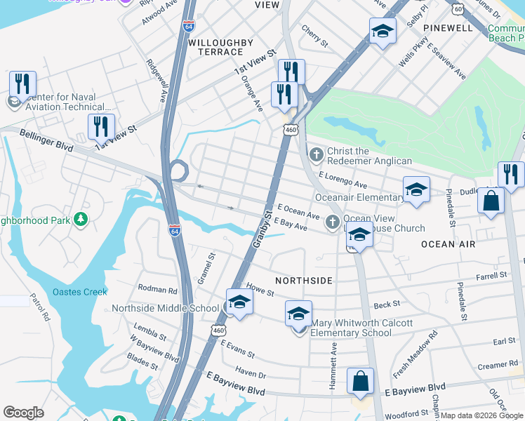 map of restaurants, bars, coffee shops, grocery stores, and more near 9014 Granby Street in Norfolk
