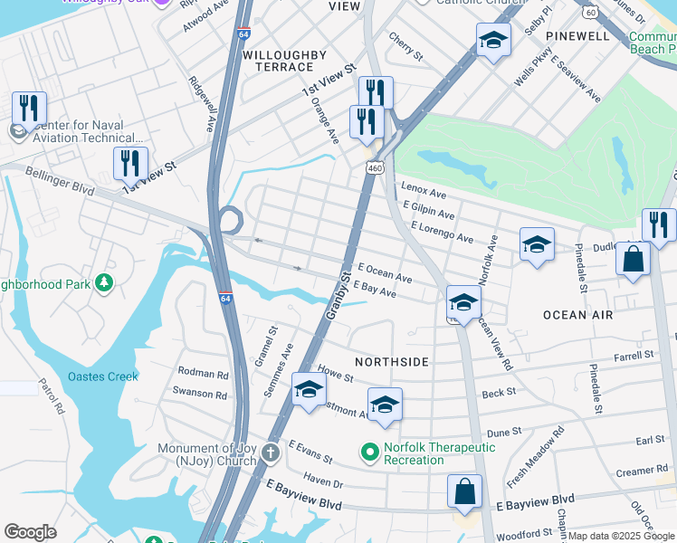 map of restaurants, bars, coffee shops, grocery stores, and more near 9014 Granby Street in Norfolk