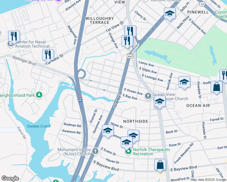 map of restaurants, bars, coffee shops, grocery stores, and more near 118 West Bay Avenue in Norfolk