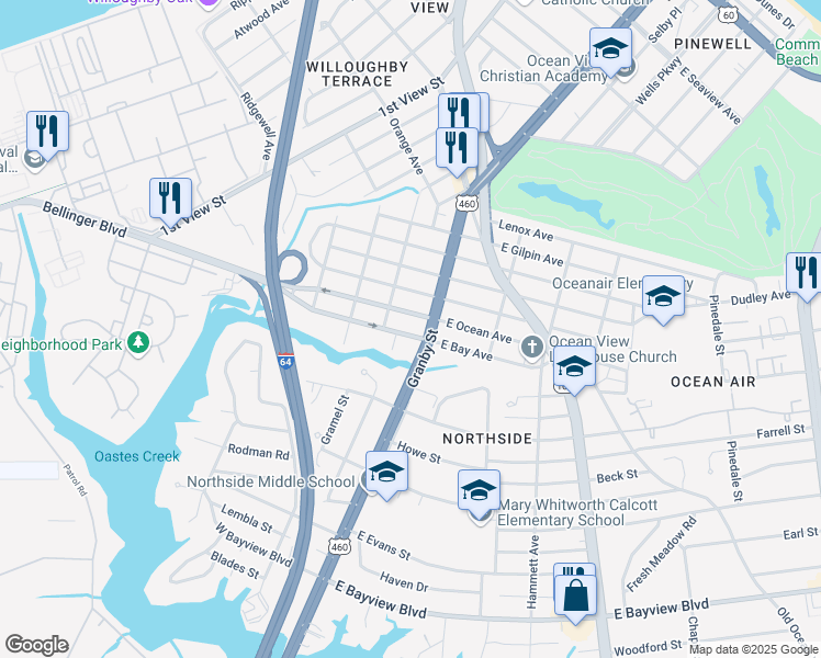 map of restaurants, bars, coffee shops, grocery stores, and more near 110 West Bay Avenue in Norfolk