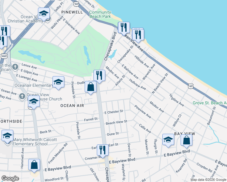 map of restaurants, bars, coffee shops, grocery stores, and more near 1107 East Leicester Avenue in Norfolk