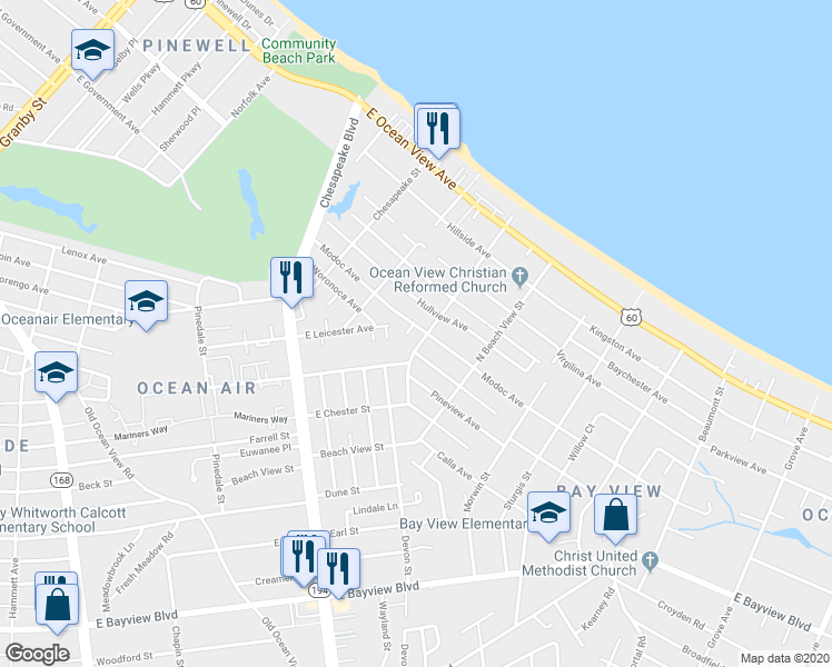 map of restaurants, bars, coffee shops, grocery stores, and more near 1149 Modoc Avenue in Norfolk