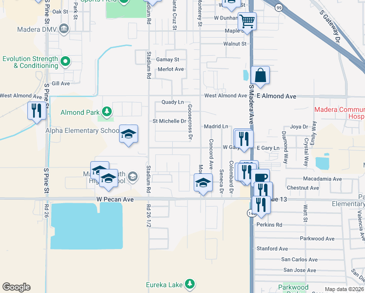 map of restaurants, bars, coffee shops, grocery stores, and more near 482 Ficklin Drive in Madera