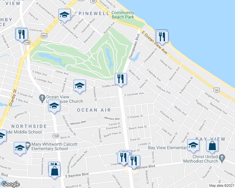 map of restaurants, bars, coffee shops, grocery stores, and more near 720 East Leicester Avenue in Norfolk